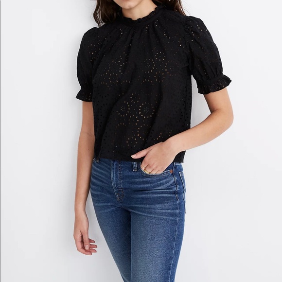 Madewell Tops - Madewell Eyelet Ruffle Top - Black, XS, NWOT
